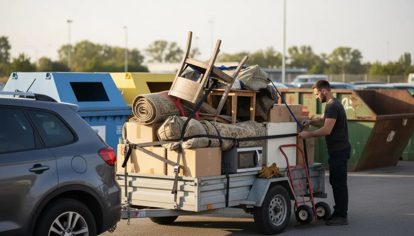 En bil med trailer fyldt med møbler og affald ved en genbrugsplads, klar til aflevering.