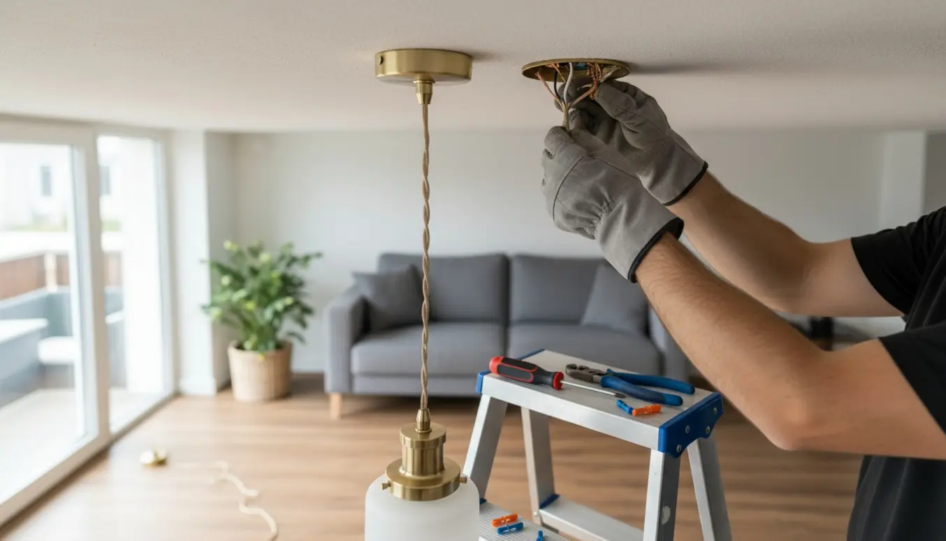 Hænder på en trappestige genmonterer en hængelampe i stuen med værktøj og lofttilslutning synlige.