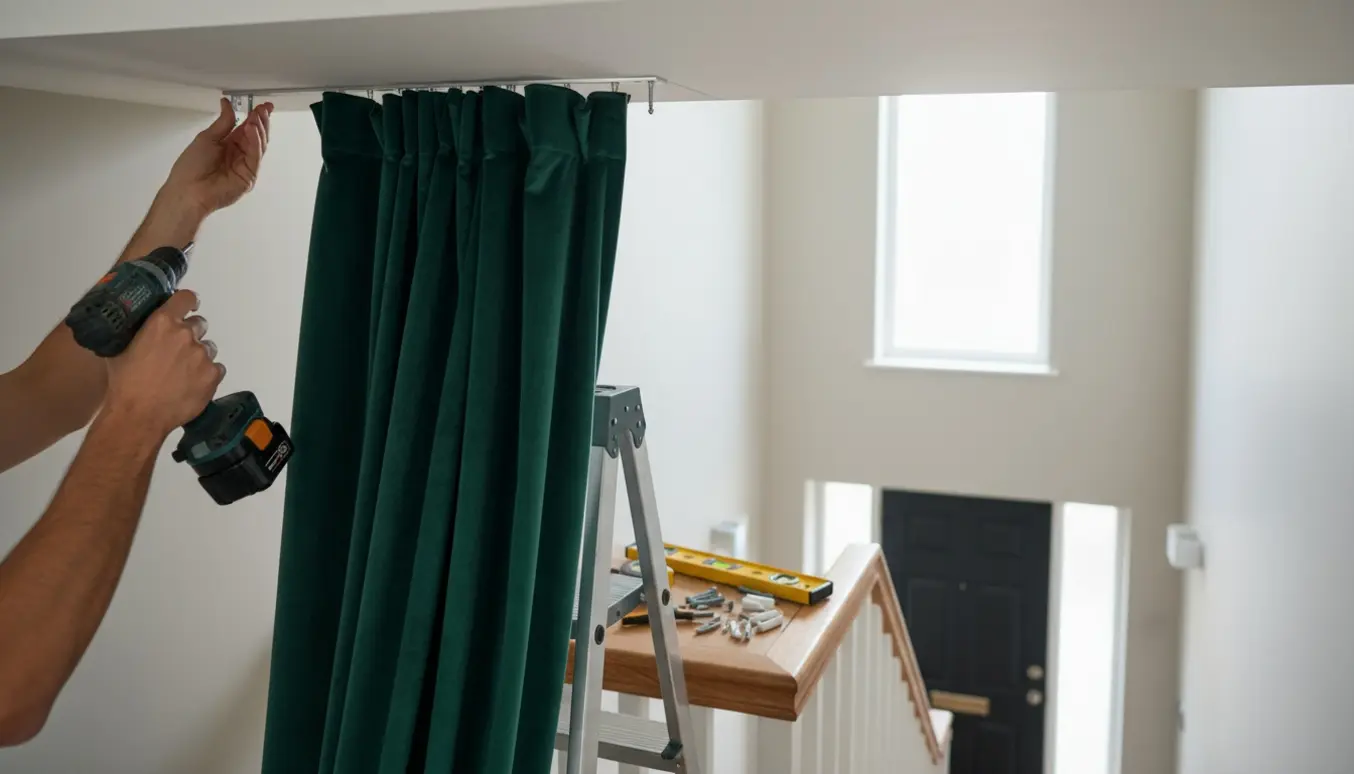 Montering af loftbeslag til gardinskinne i trappeopgang med tykke velourgardiner og værktøj.