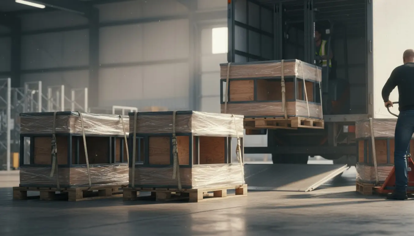 Stabler af podier på paller ved en lagerlastbil under lastning, klar til transport.