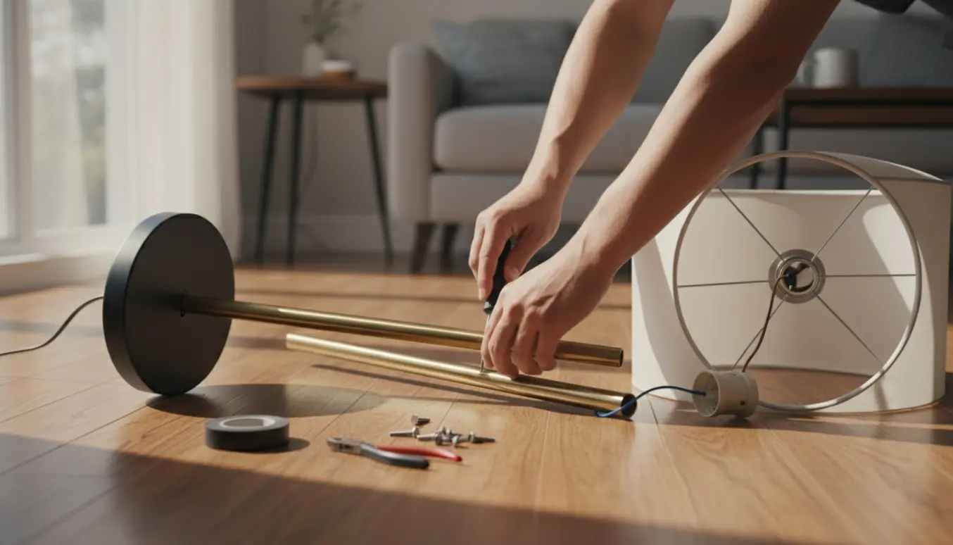 Nærbillede af reparation af en standerlampe med løse dele og værktøj på trægulvet.