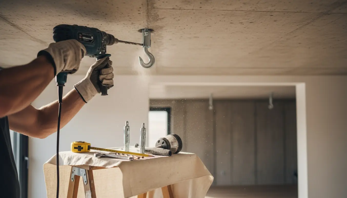 Nærbillede af montering af kraftige kroge i betondæk med boremaskine og værktøj i et moderne hus.