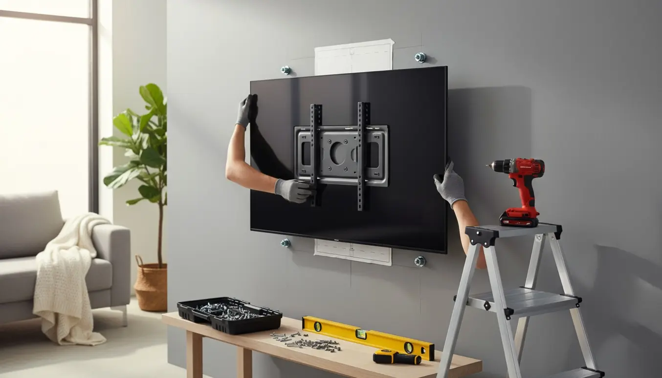 Hænder monterer et stort fladskærms-tv på et vægbeslag i en moderne stue.