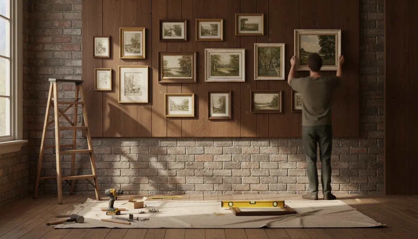 Hænger en samling små rammer op på mur- og trævæg med stige og værktøj i nærheden.