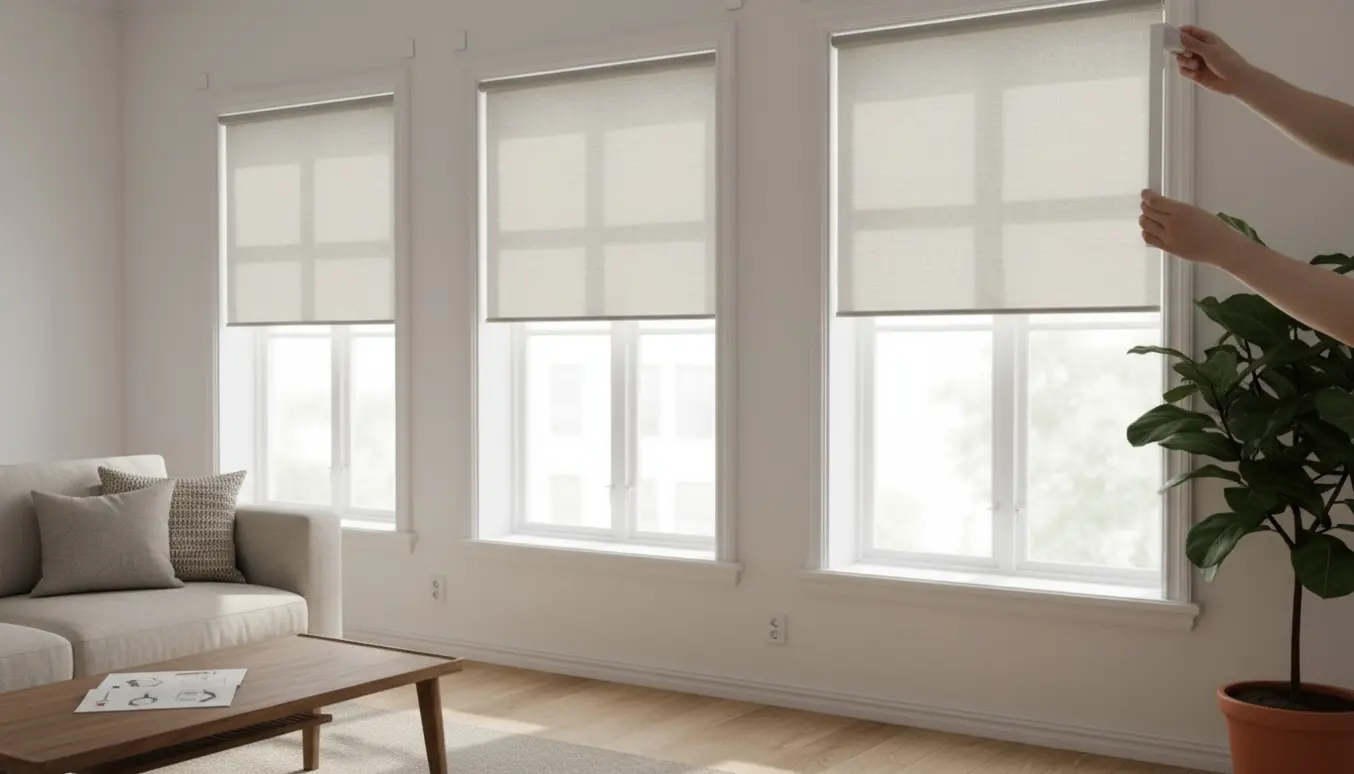 Hænder monterer tre lyse rullegardiner uden værktøj i en moderne stue.