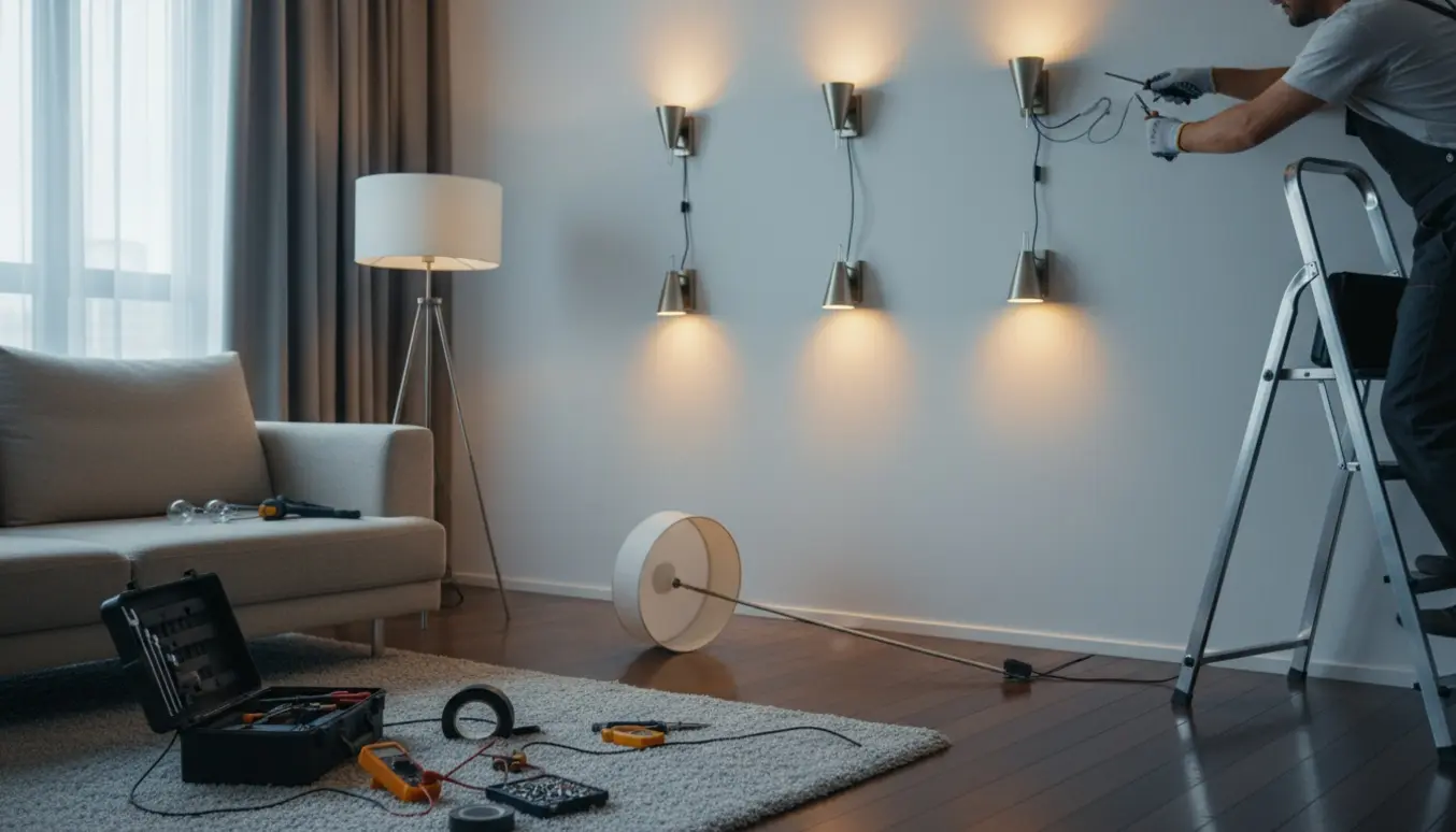 Håndværker reparerer seks væglamper og en gulvlampe i en moderne stue med stige og værktøj.