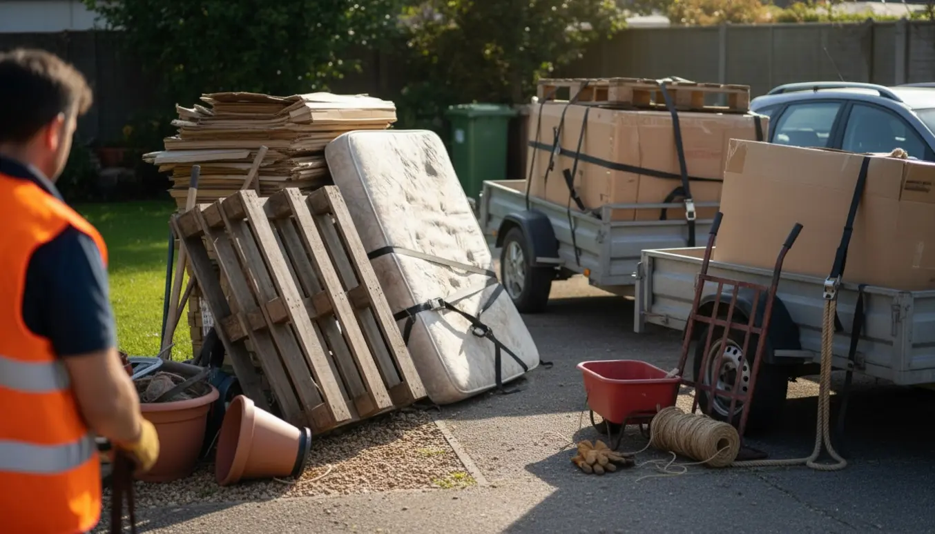 Stor bunke paller, pap og en madras på indkørslen klar til bortkørsel med trailer og arbejdshandsker i sollys.