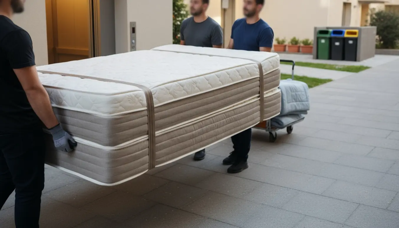 To personer bærer store boksmadrasser fra elevatoren mod en affaldsstation.