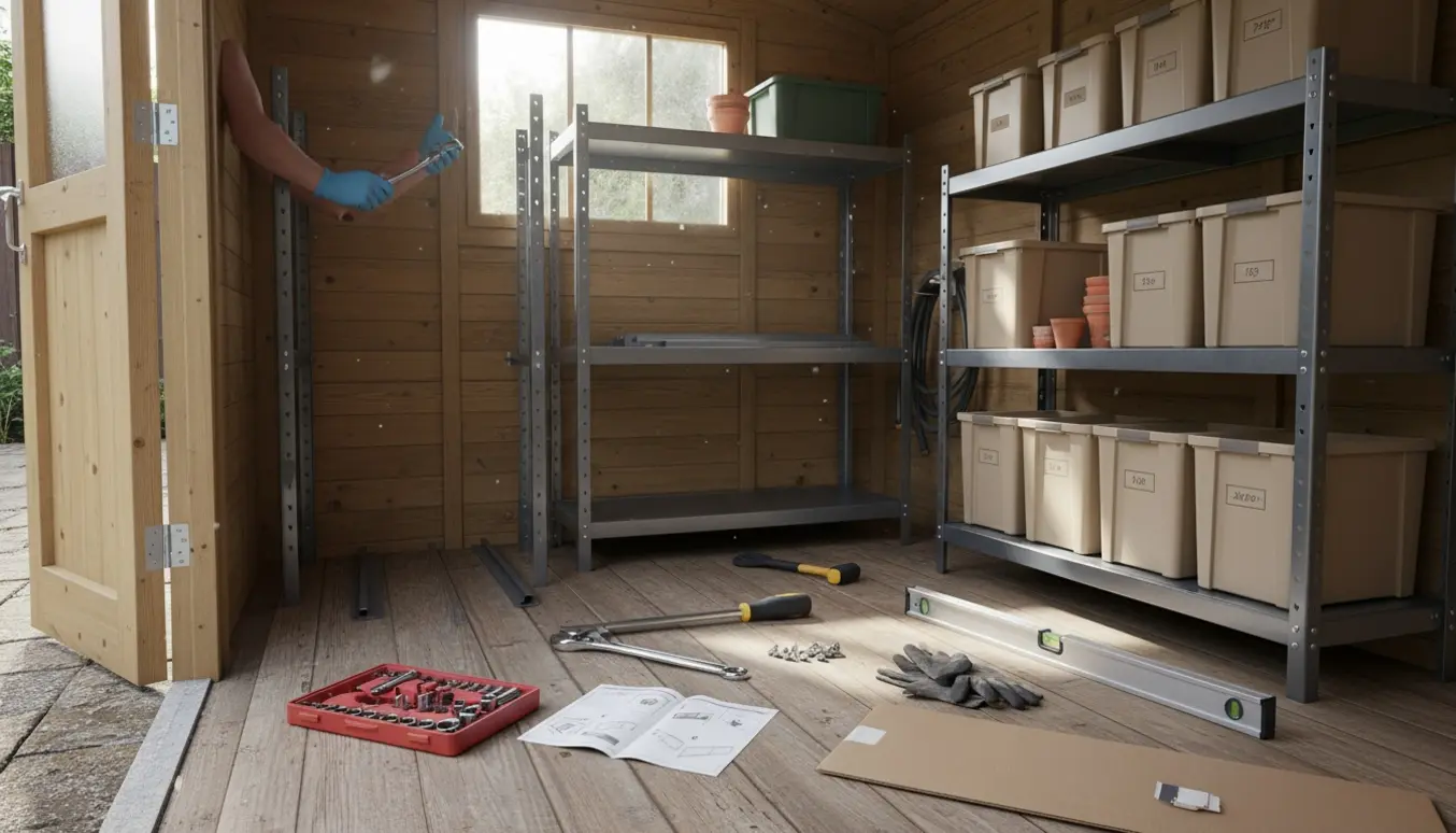 Hænder samler to stålreoler i et lille skur med værktøj og naturligt dagslys.