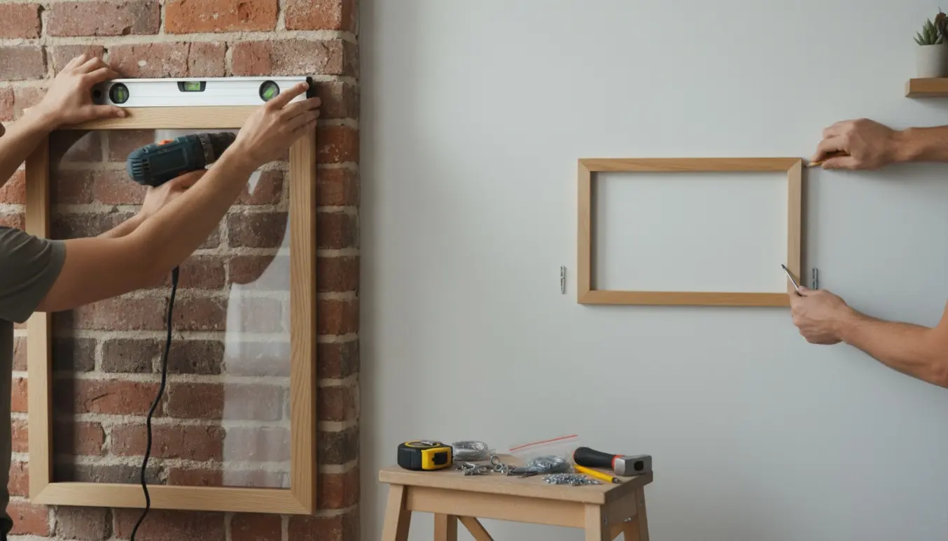 To rammer hænges op på henholdsvis murstensvæg og gipsvæg med hænder og værktøj i fokus.