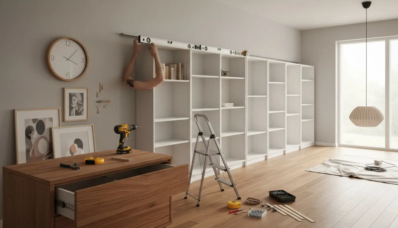 Flere IKEA-bogkasser monteres på en væg, med værktøj og en Ilva-skuffe klar til justering.