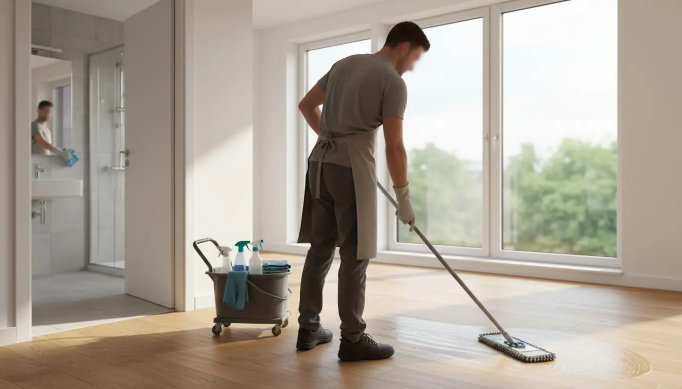 Rengøringshjælp mopper et soloplyst stuegulv med spand og rengøringsudstyr i en moderne lejlighed.