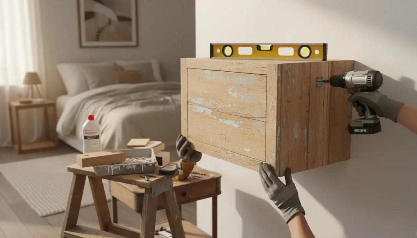 Nyligt afsyret klassisk køkkenskab hænges op i et soveværelse, håndværkerhænder holder det på plads.