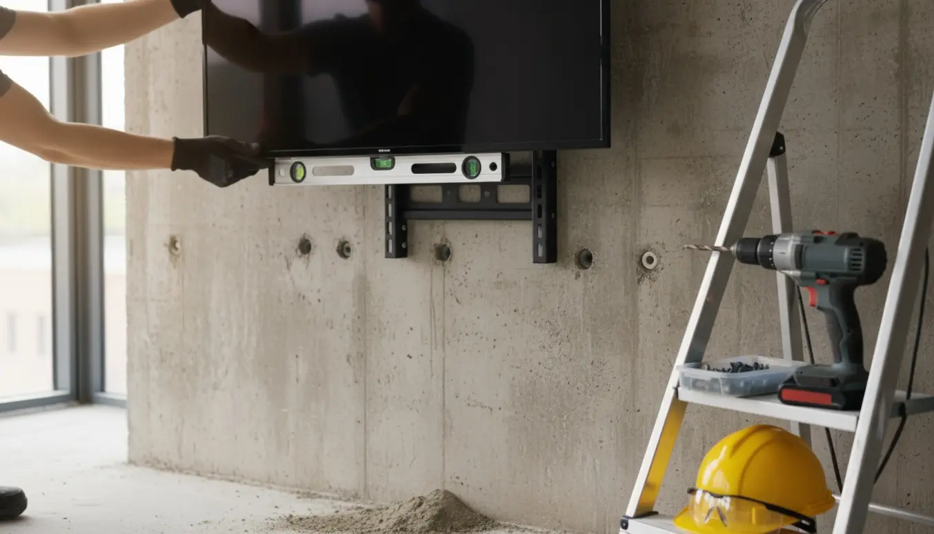 Nærbillede af ophængning af et 42-tommer fladskærms-tv på en betonvæg med beslag og værktøj.