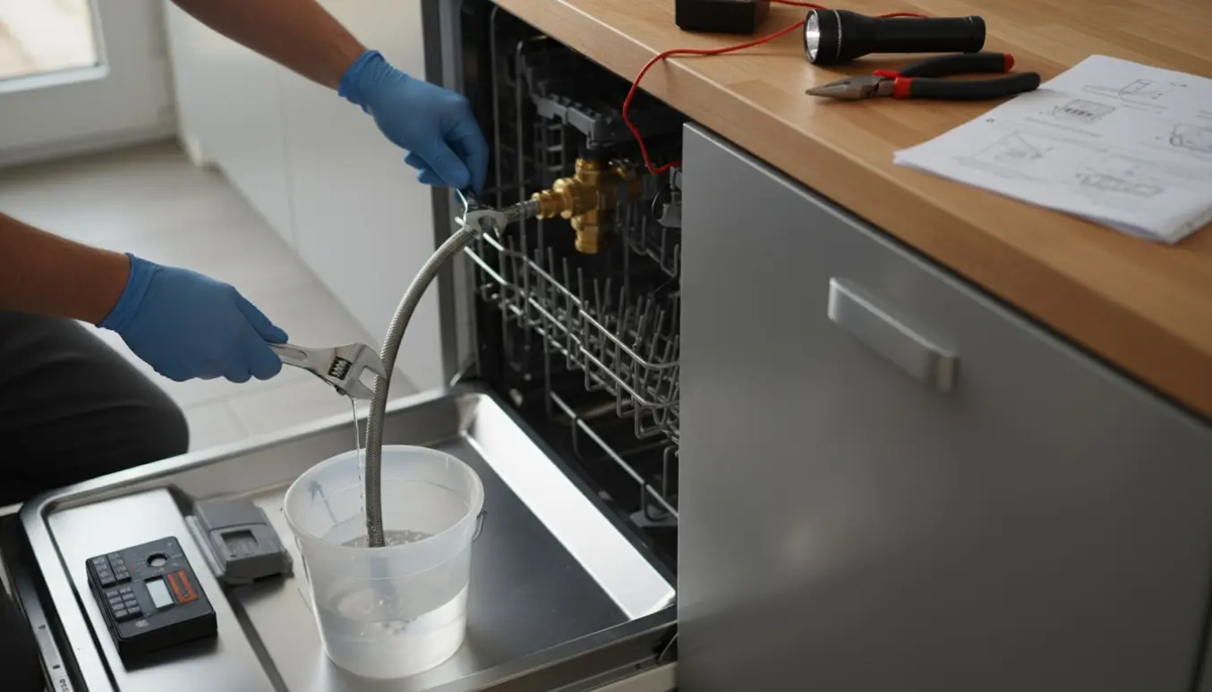 En håndværker undersøger en åben opvaskemaskine med frakoblet vandslange og værktøj på køkkengulvet.