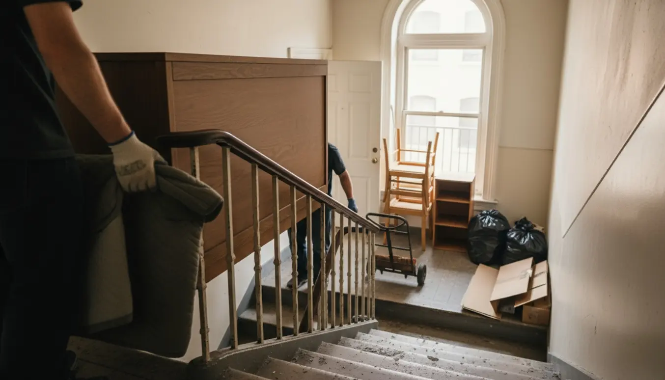To personer bærer en kommode ned ad en opgangstrappe med stole, hylde og sække med affald samlet på gangen.