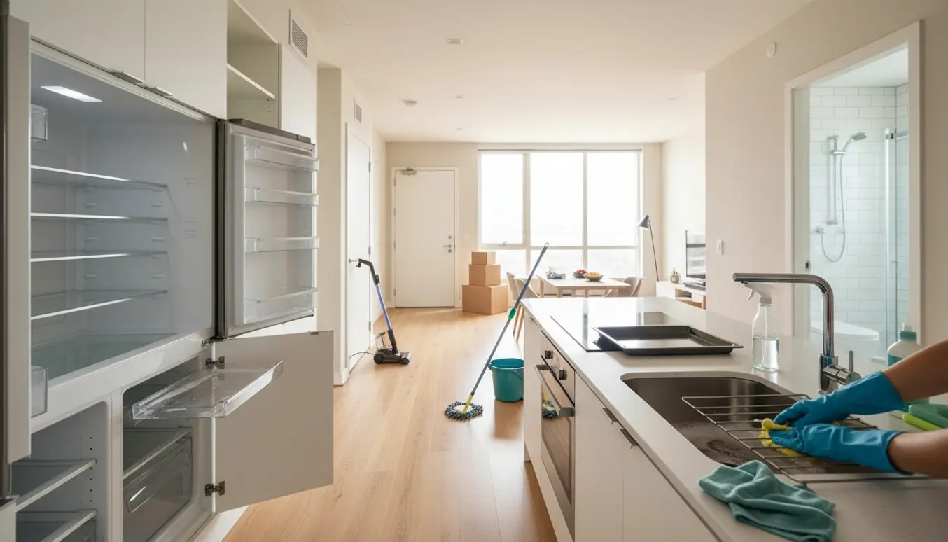 Handsker skrubber en ovnrist i et lyst køkken under flytterengøring med åbne skabe, støvsuger og flyttekasser i baggrunden.