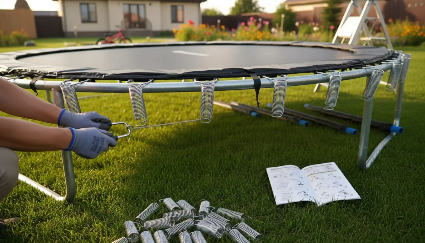 Hænder monterer en trampolins fjeder og ramme i en baghave.