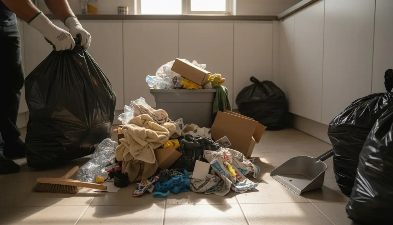 Hænder i handsker fylder en affaldssæk i et lille rodet bryggers med blandet, usorteret affald.