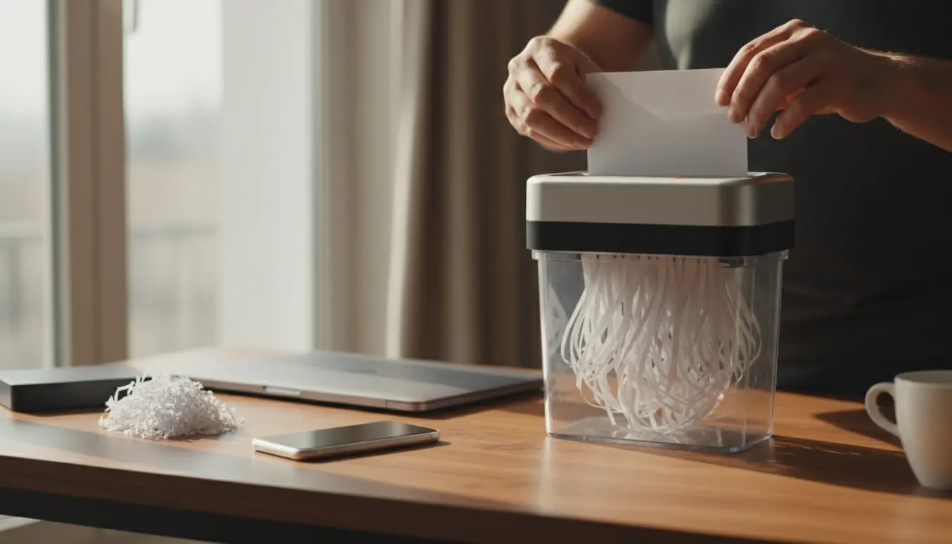 Hænder fører papirer gennem en moderne papirmakulator på et ryddeligt hjemmekontor.