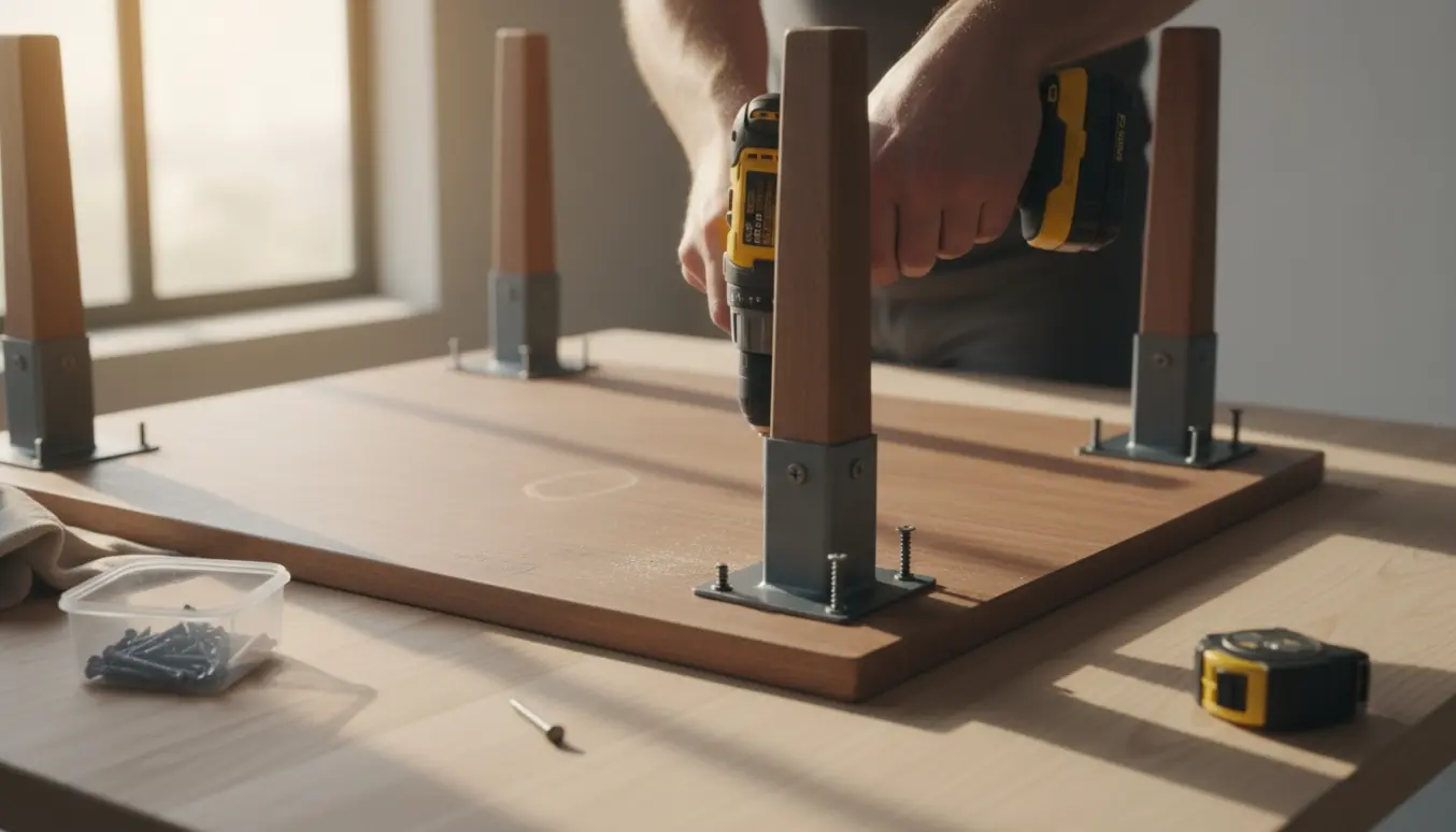 Nærbillede af hænder, der med en skruemaskine monterer fire ben under et træbord.