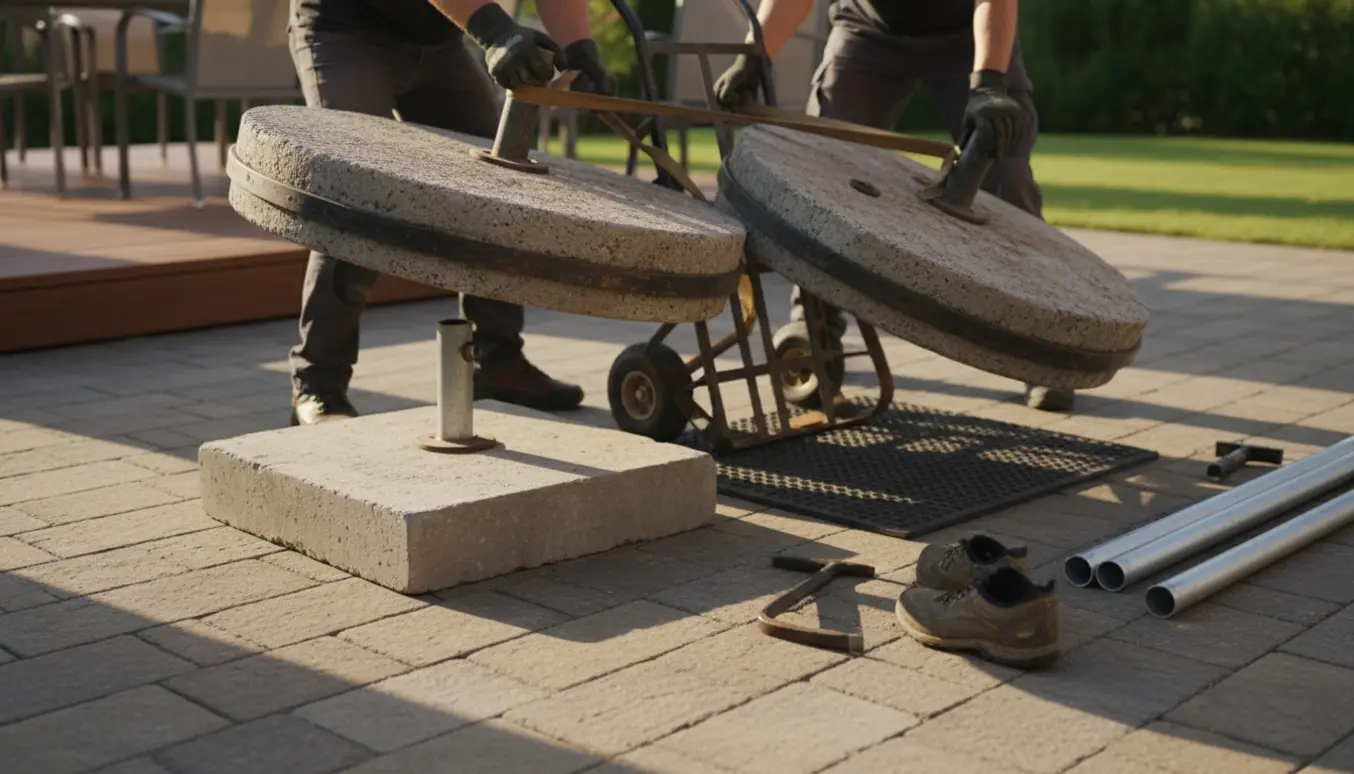 To personer læsser tre tunge parasolfødder på en sækkevogn på en solrig terrasse.