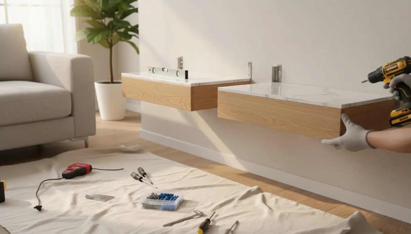 Montano-reoler med marmorplader bliver ophængt på en stuevæg, hænder bruger en boremaskine.