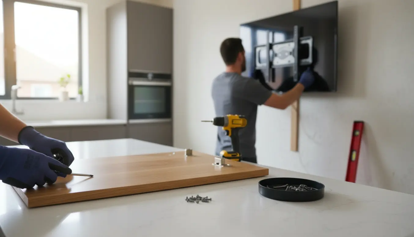 En håndværker monterer et stort fladskærms-tv på væggen i et køkken, mens en løs køkkenlåge repareres på bordpladen.