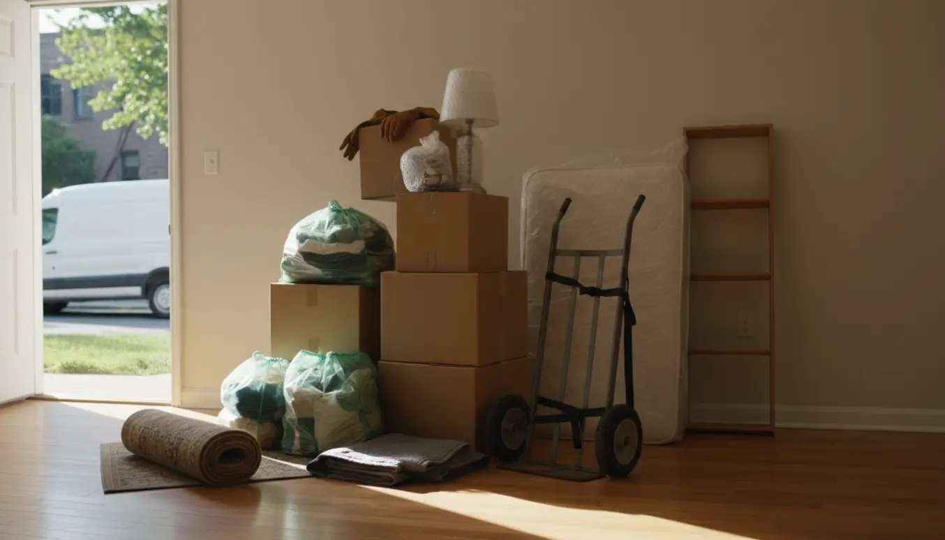 Tom lejlighed med kasser, poser og møbler samlet klar til genbrugspladsen.