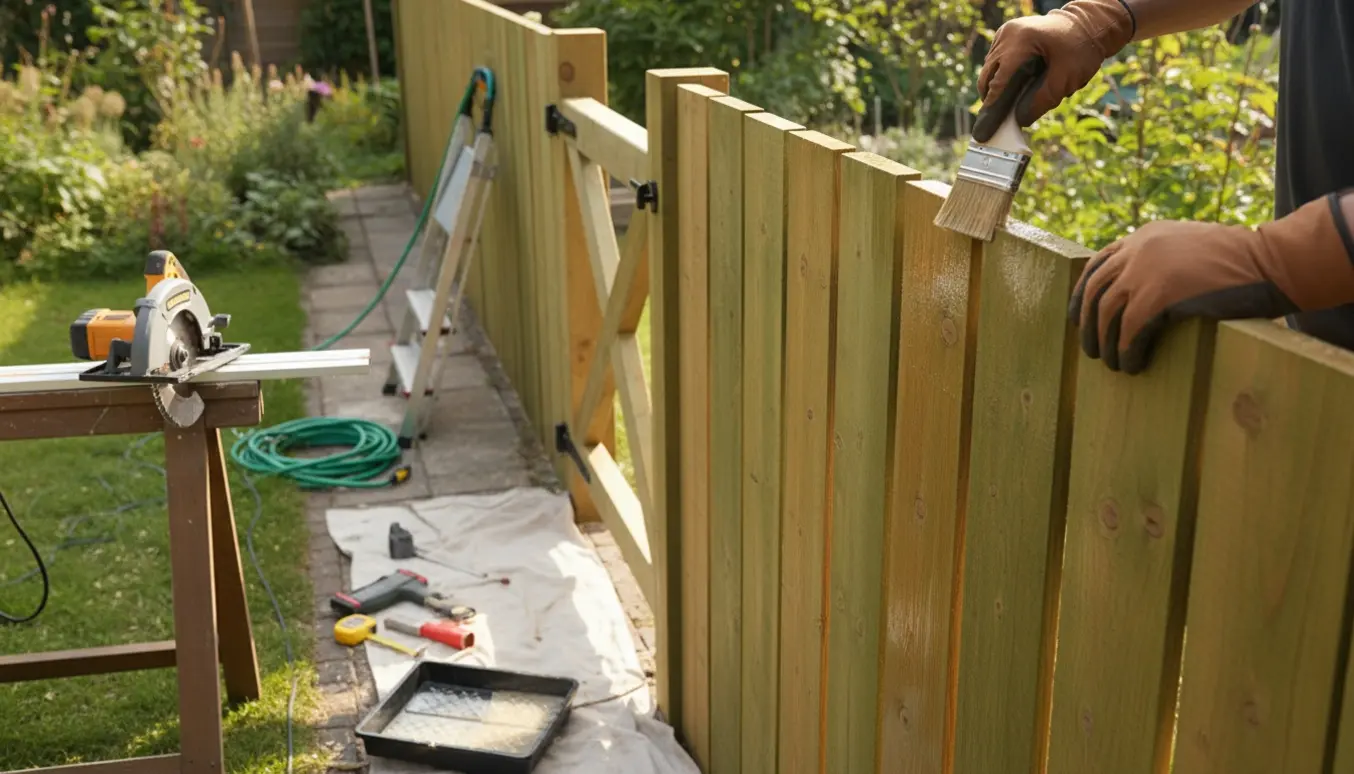 Håndværker trimmer toppen af et trykimprægneret klinkehegn og påfører transparent vandbaseret træbeskyttelse.