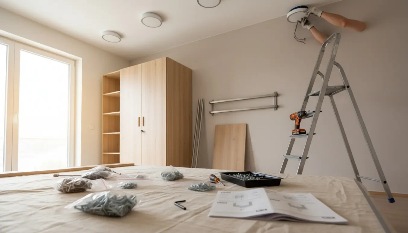 Hænder monterer en fladpakket garderobe, mens en person på en stige installerer en af seks loftslamper.