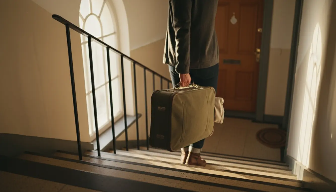 En hjælper bærer en enkelt kuffert op ad en opgang mod en lejlighedsdør.