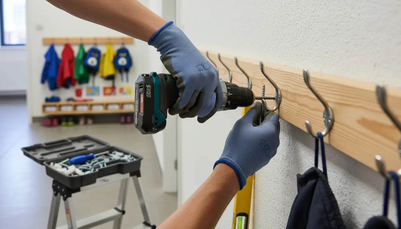 Hænder monterer en garderobeskinne med knager i en institutionsgang med børnetøj i baggrunden.