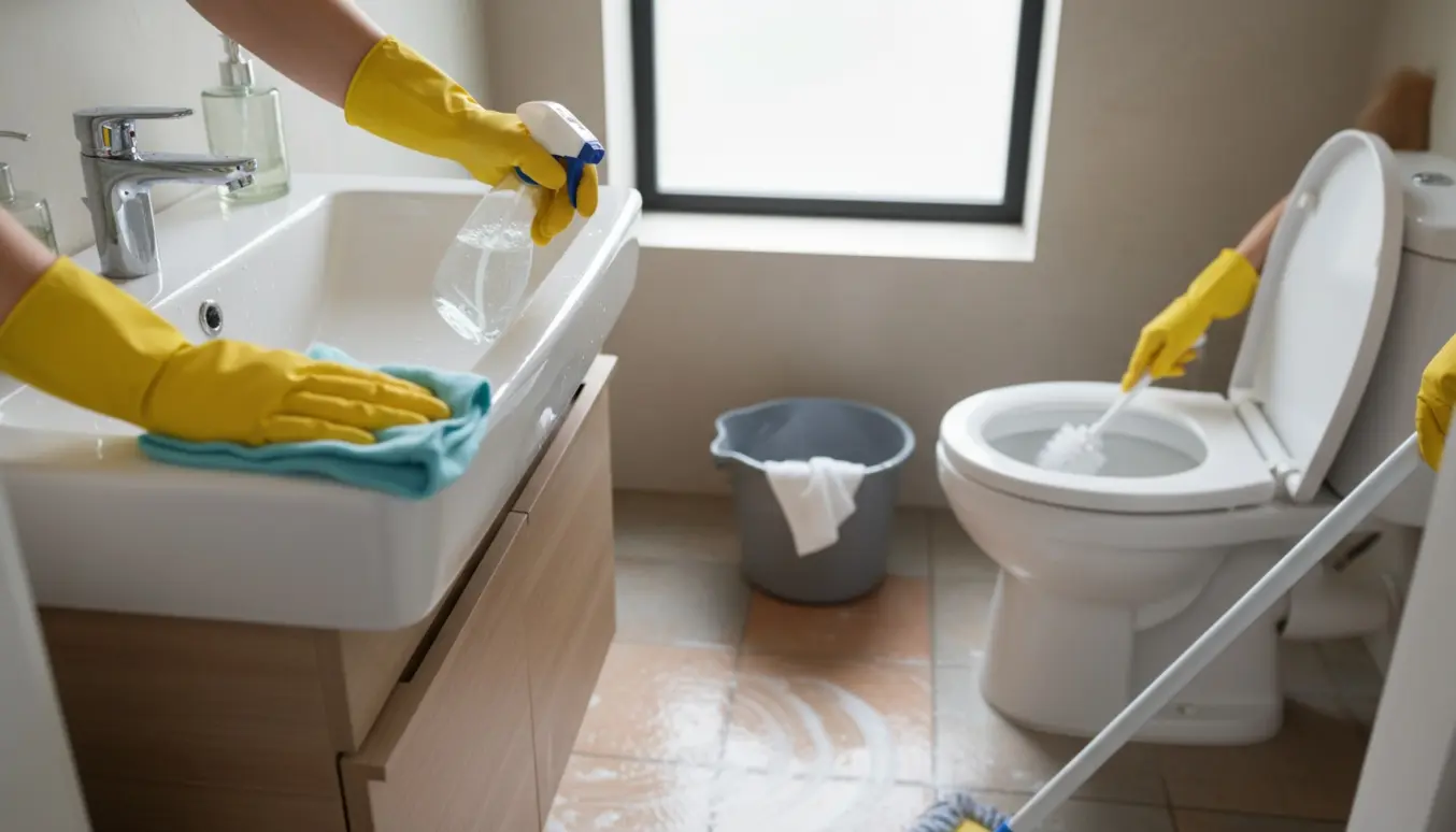 Rengøring af lille badeværelse med gulvvask, toiletskrubning og håndvask, hænder i gummihandsker.