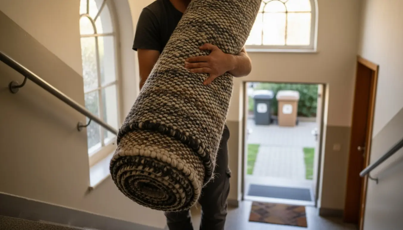 En person bærer et tungt rullet uldtæppe ned ad en opgang med genbrugsplads synlig i baggrunden.