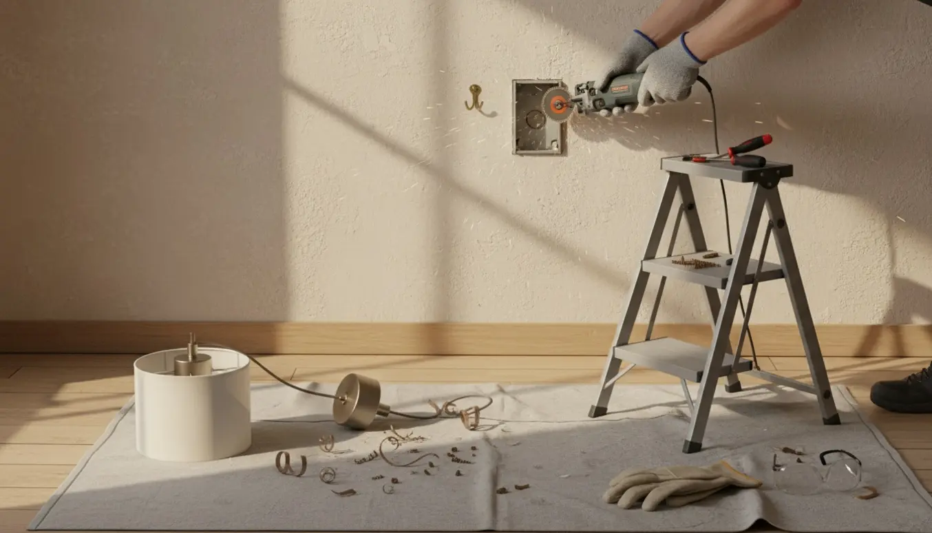 Hænder afmonterer en tom vægboks og en lampe ved en væg med en lille stige og værktøj.