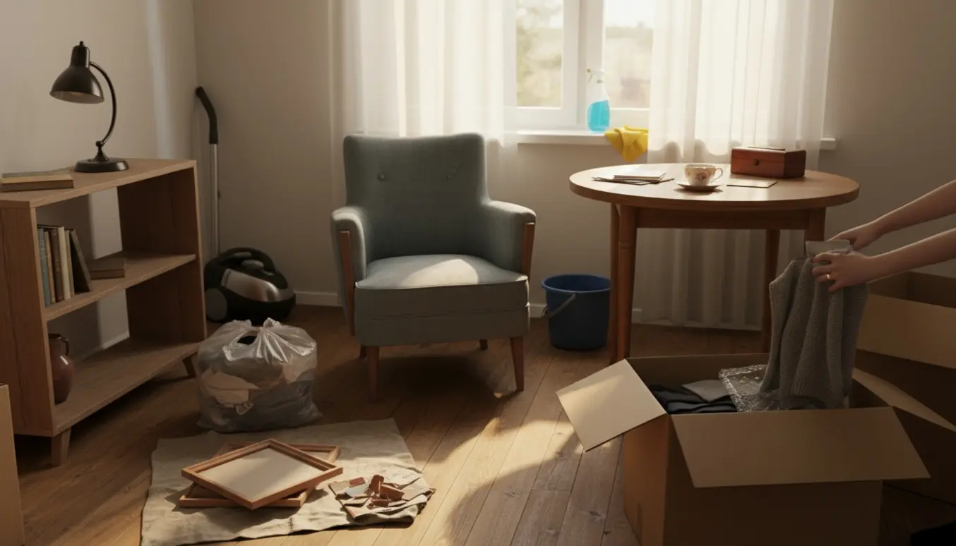 Hænder pakker og rydder en hyggelig toværelses lejlighed med flyttekasser og rengøringsudstyr i blødt dagslys.