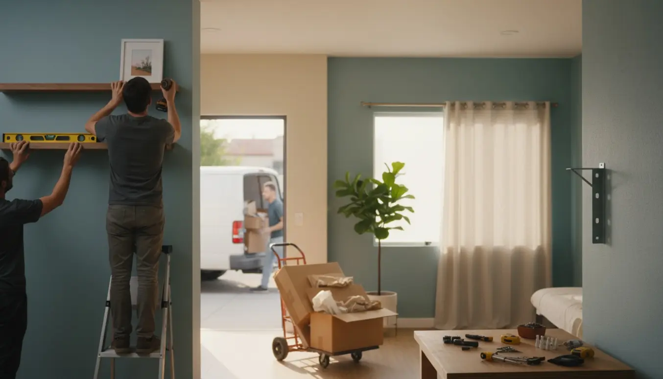 Installatører monterer hylder og billeder i terapirum, hænger gardiner og kører pap væk.