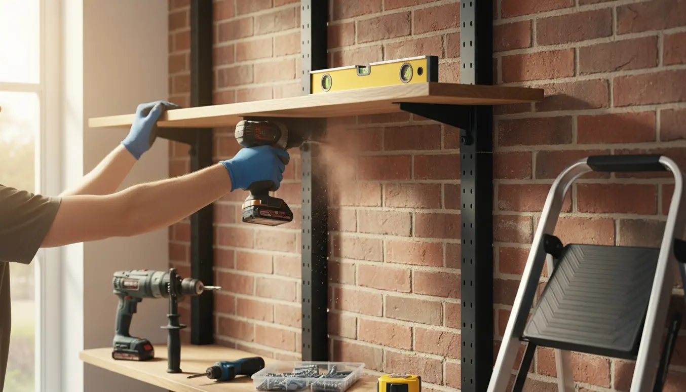 Installation af en væghængt reol med tre vanger på en murstensvæg, værktøj og hænder i arbejde.