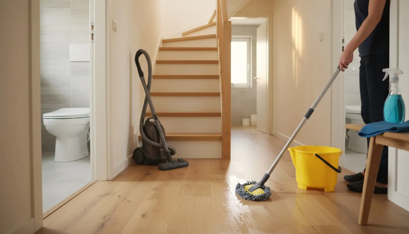 Rengøring i et lille hus: en person mopper gulvet i gangen ved trappen med støvsuger og to badeværelser i baggrunden.