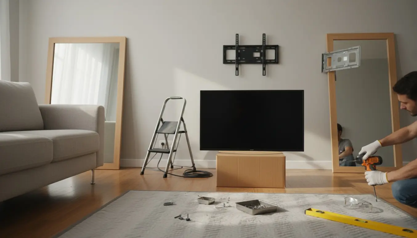 Hænder fjerner en vægmonteret tv-holder og to spejle i en lys stue med værktøj på gulvet.