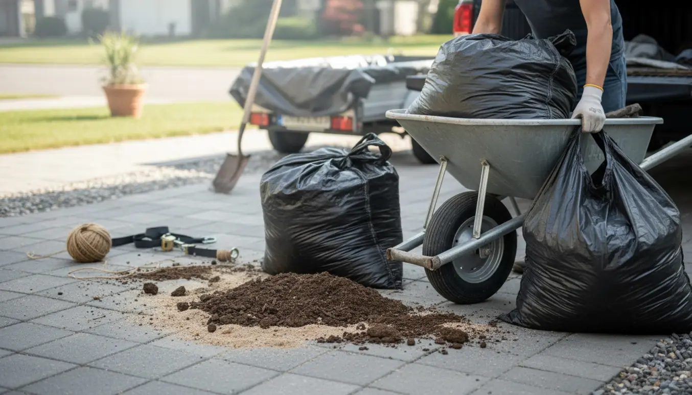To sorte sække fyldt med jord og sand løftes ind i en trillebør ved indkørslen, klar til afhentning.