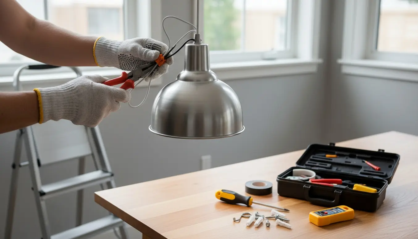 Person hænger en pendel op uden boremaskine i et lyst køkken med værktøj og trappestige.