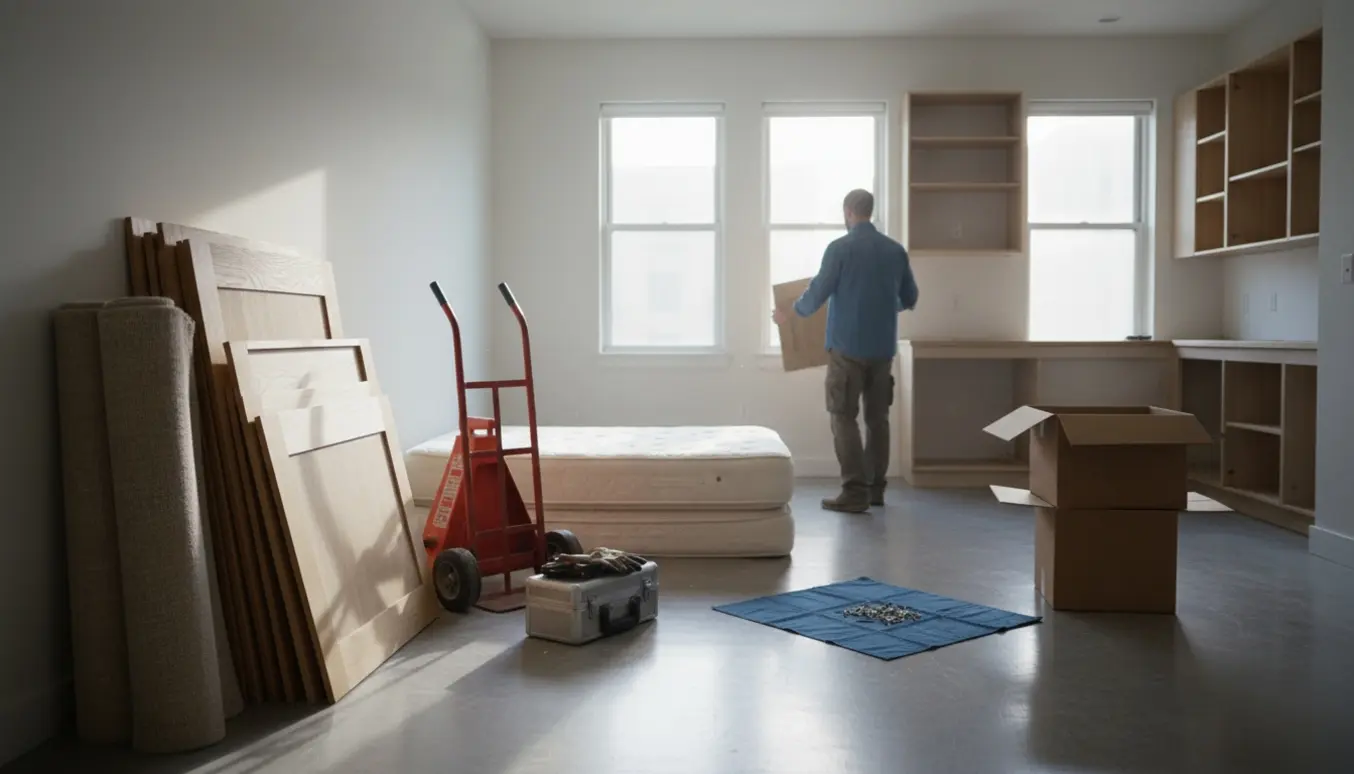 Tom lejlighed med stabler af møbler, rullede tæpper og værktøj klar til oprydning efter flytning.