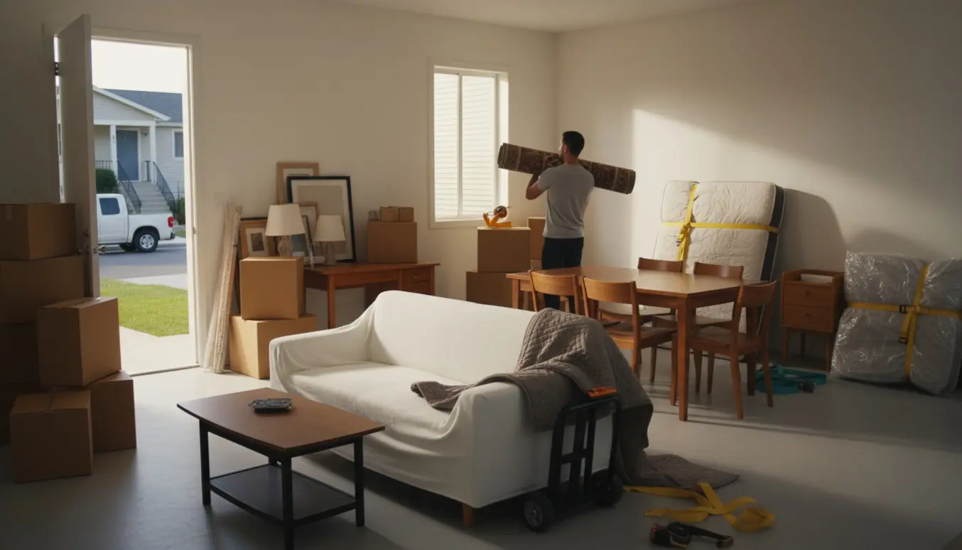 Flyttekasser og møbler foran en åben stuelejlighed klar til at blive båret ind i et hus.