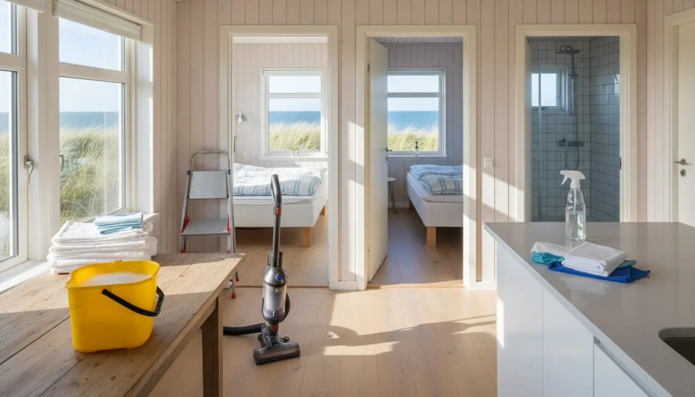 Solbeskinnet sommerhusstue og køkken med rengøringsudstyr og stablede håndklæder, åbne døre til rene værelser.
