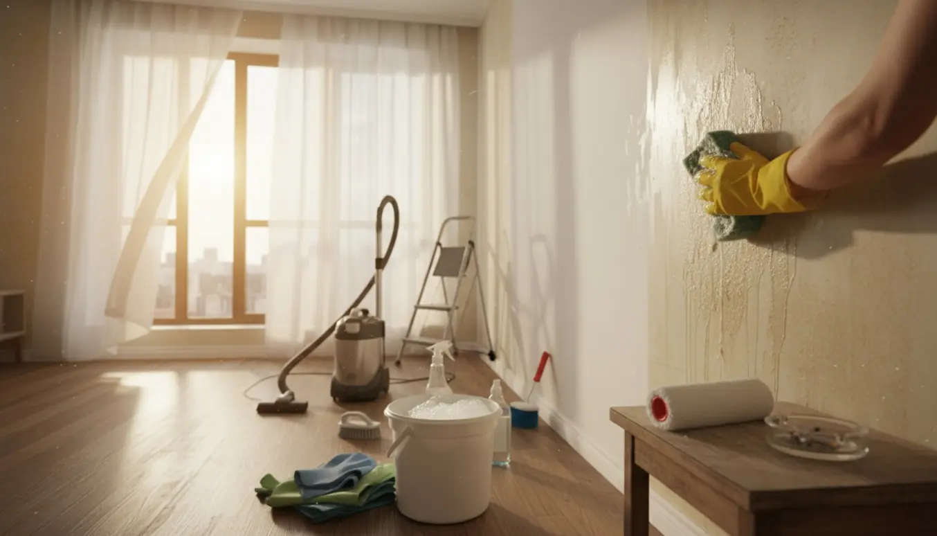 Gummihandsker skrubber nikotinfarvet væg i en tom rygerlejlighed med rengøringsudstyr i forgrunden.