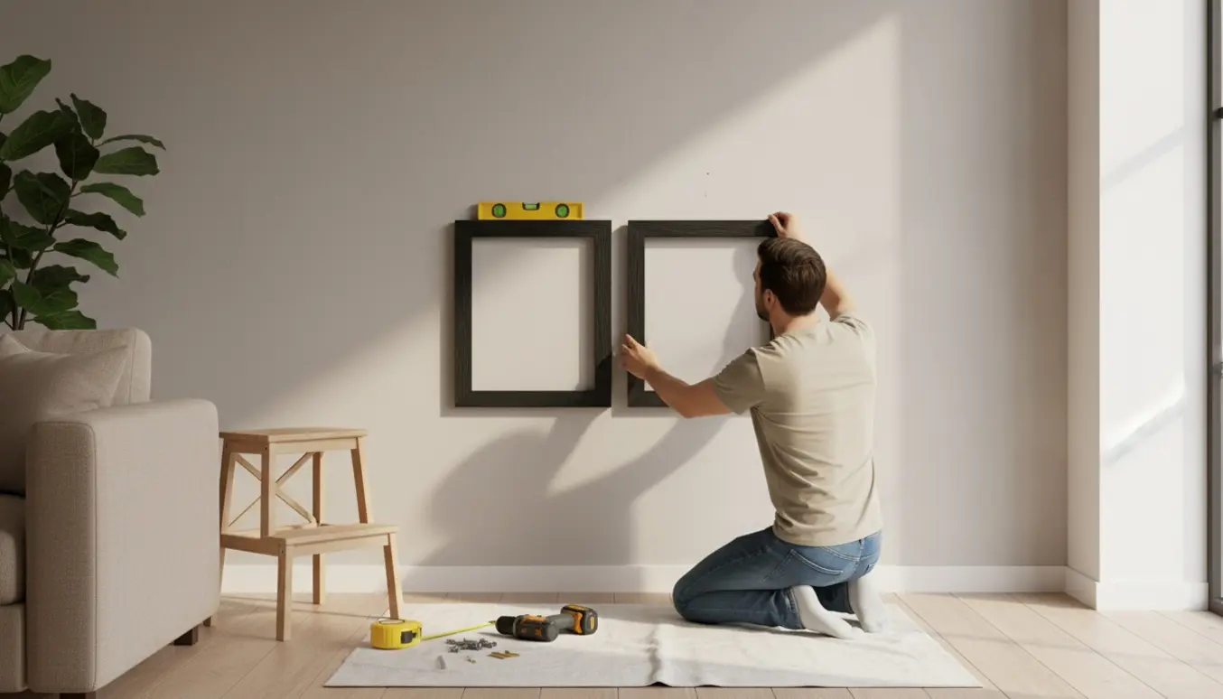 Hænder hænger to indrammede billeder på en neutral væg i en lys, moderne stue.