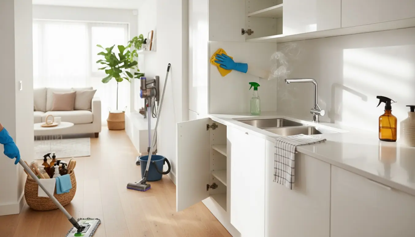 Soloplyst lejlighedskøkken under hovedrengøring med hænder, der pudser køkkenskabe og rengøringsudstyr i baggrunden.