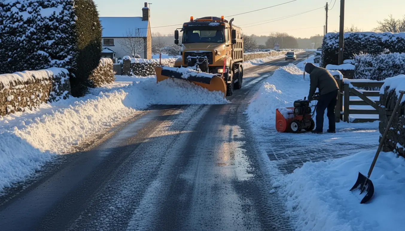 Snerydning på en ca. 400 m privat vej med plovbil, ryddet asfalt og snedriver langs kanten.
